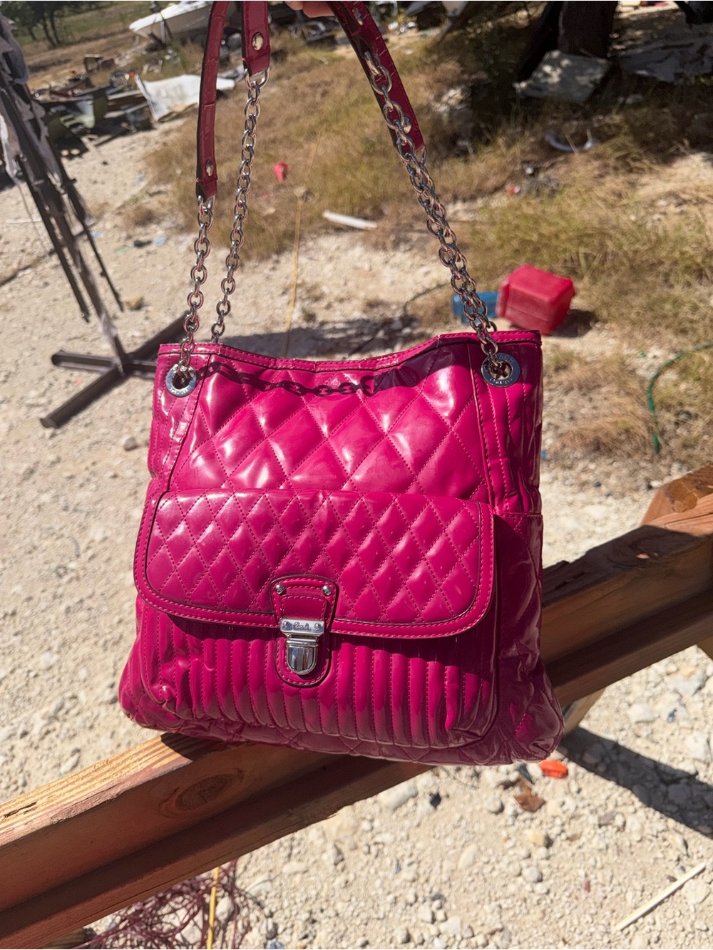Magenta Pink Patent Leather Coach Poppy Quilted Slim Tote